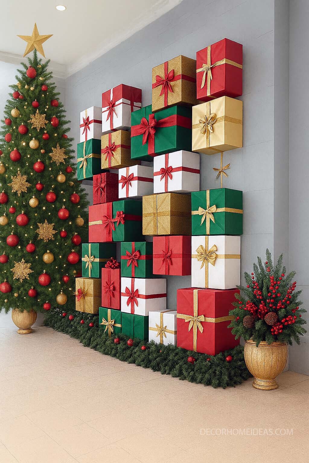 Holiday Decor with Stacked Gift Boxes and Twinkling Trees 1