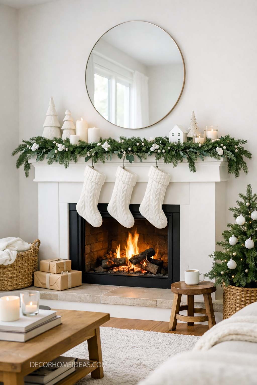 Neutral Christmas Fireplace Decor with Cozy Minimalist Style