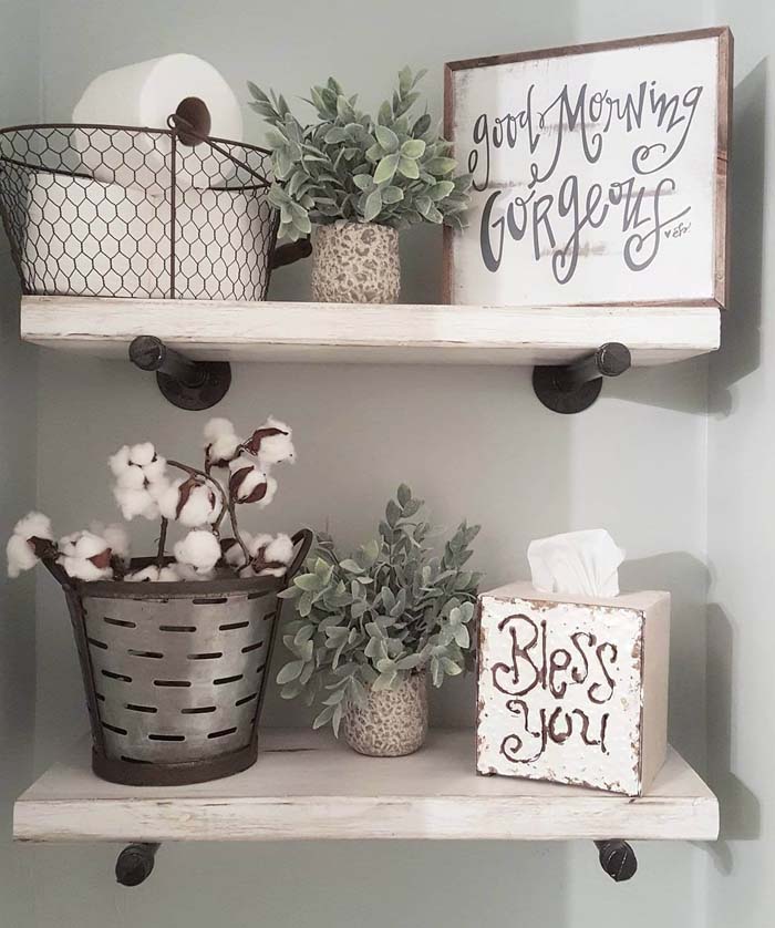 Country Chic Metal And Wood Bathroom Shelves #overtoiletstorage #storage #toilet #decorhomeideas