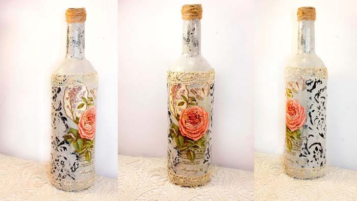 Decoupage Wine Bottles #winebottle #crafts #repurpose #decorhomeideas