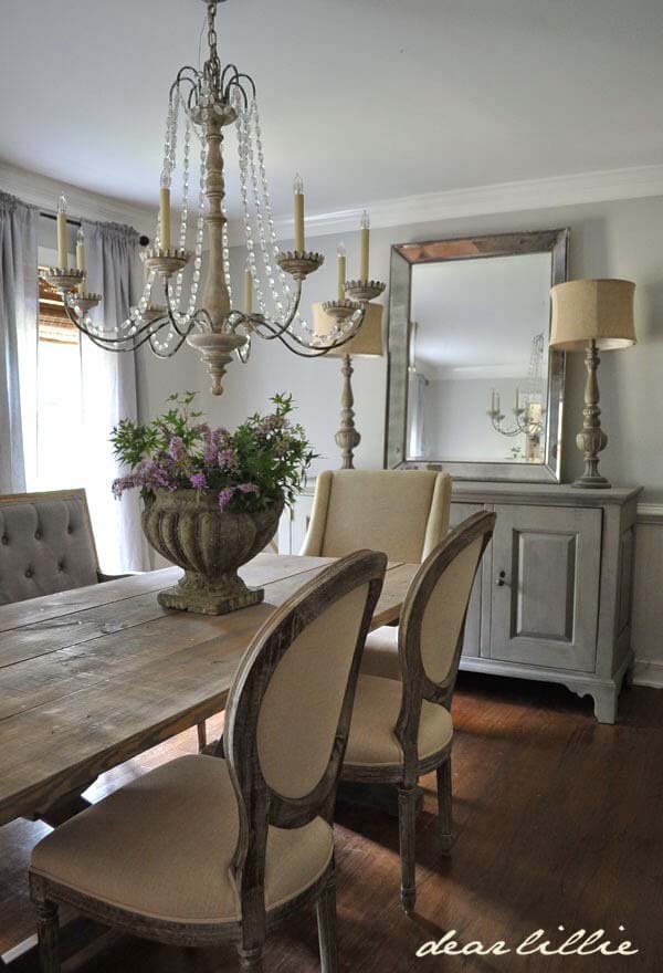 Dining Room with Plush Chairs and Credenza #frenchcountry #decor #decorhomeideas