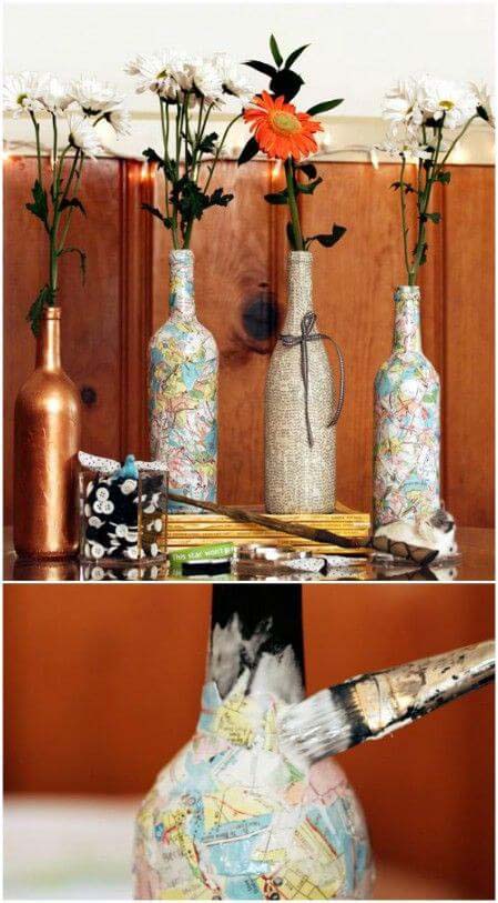 DIY Collaged Map Wine Bottle #winebottle #crafts #repurpose #decorhomeideas
