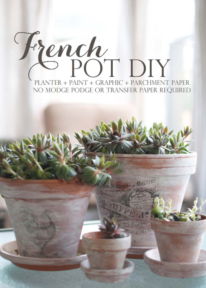 DIY Printed Graphics on Whitewashed Terracotta Pots #frenchcountry #decor #decorhomeideas