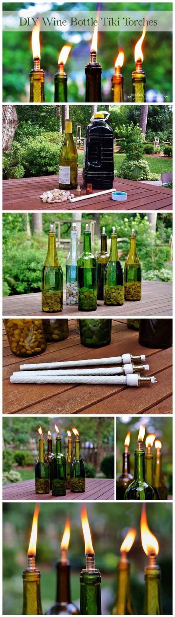 DIY Wine Bottle Tiki Torches #winebottle #crafts #repurpose #decorhomeideas