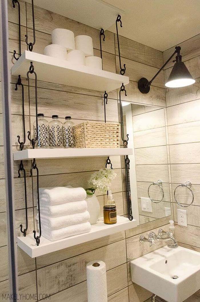 Farmhouse Bathroom Hanging Over-Toilet Shelves #overtoiletstorage #storage #toilet #decorhomeideas