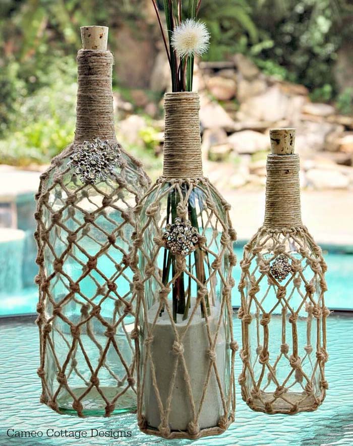 Fish Netted Wine Bottles #winebottle #crafts #repurpose #decorhomeideas