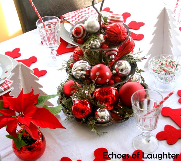 Funky Red And Silver Ornaments With Cedar Boughs #Christmas #cakestand #decorhomeideas