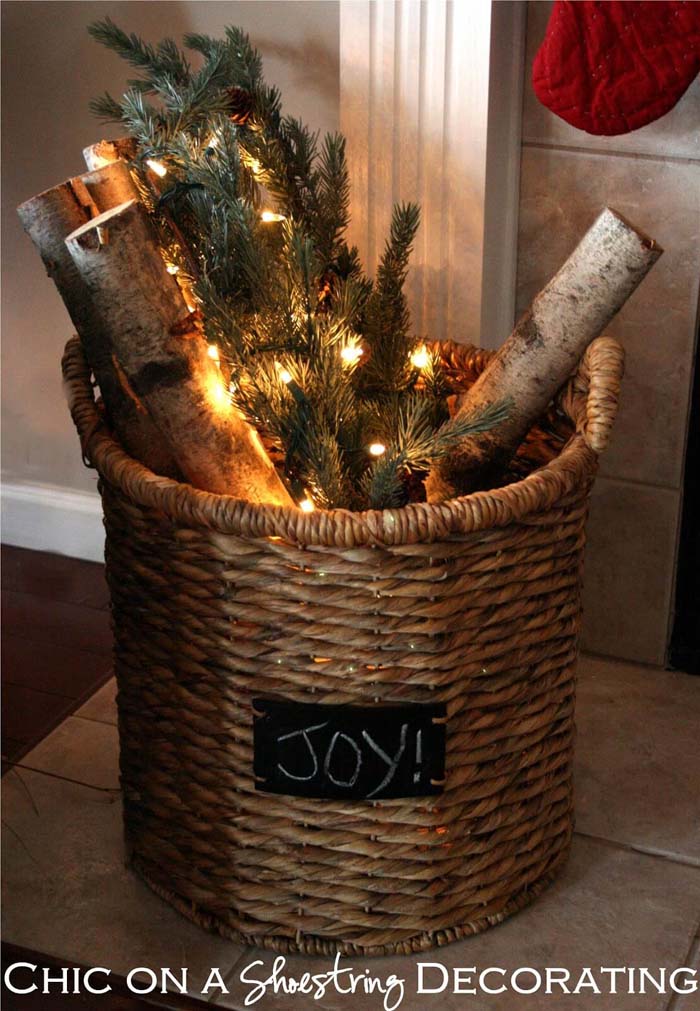 Joy Festive Firewood Basket Decor #Christmas #outdoor #planter #decorhomeideas