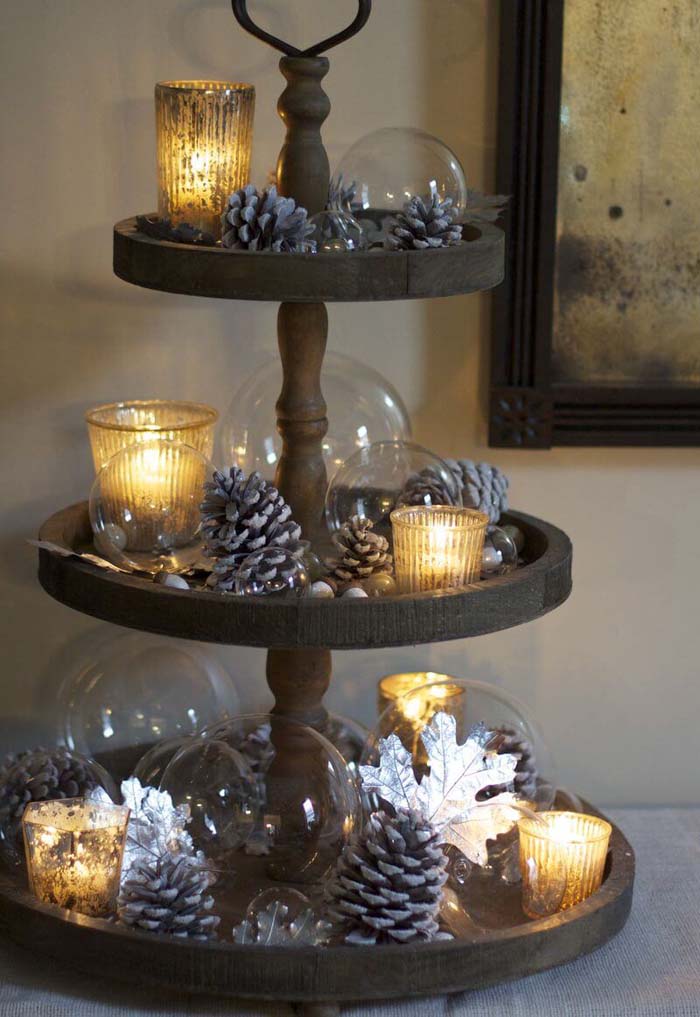 Mismatched Christmas Cake Stand Decor With Silvered Pine Cones #Christmas #cakestand #decorhomeideas