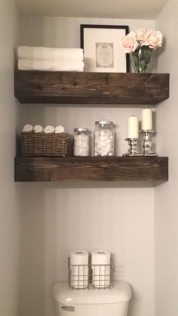 Over The Toilet Wood Shelves #overtoiletstorage #storage #toilet #decorhomeideas