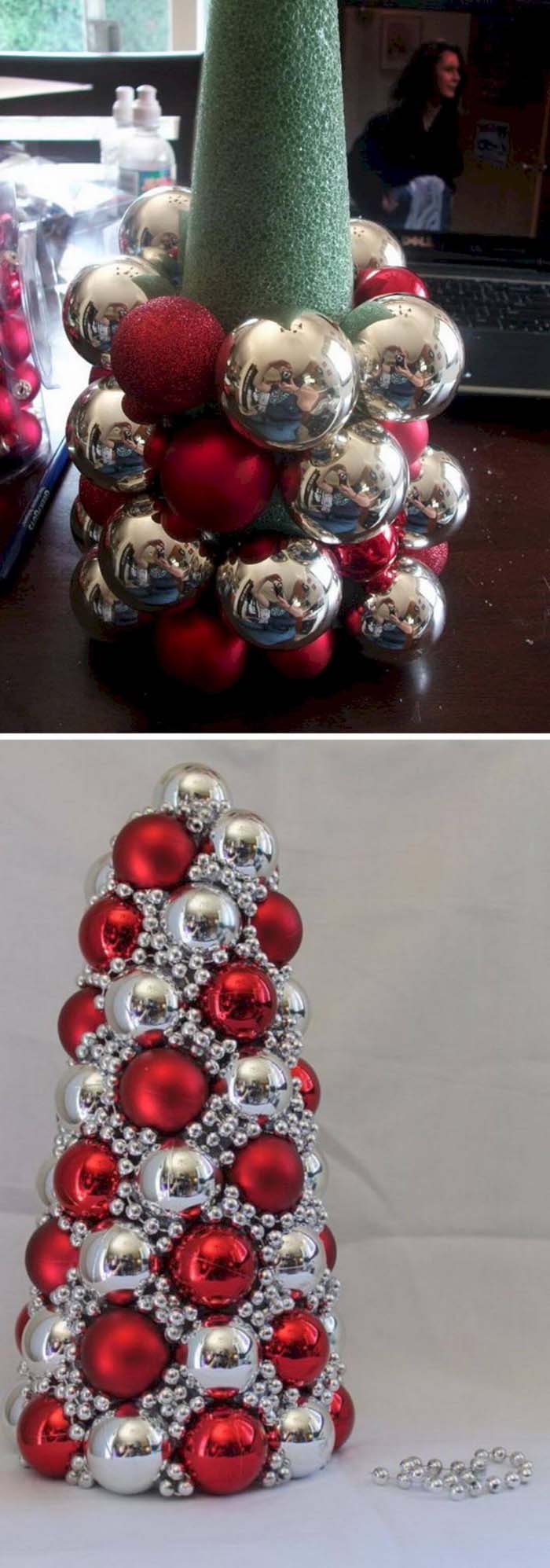 Red and Silver DIY Ornament Tree #Christmas #Christmastree #decorhomeideas