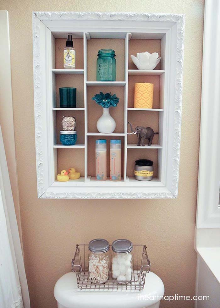 Repurposed Shadow Box Bathroom Organizer #overtoiletstorage #storage #toilet #decorhomeideas