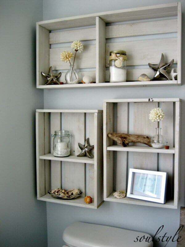 Repurposed Wood Crate Storage Shelves #overtoiletstorage #storage #toilet #decorhomeideas