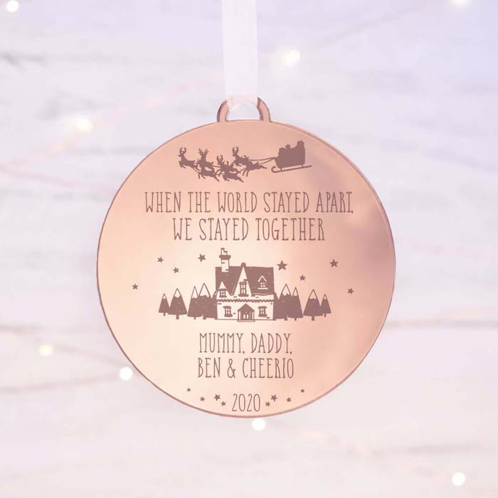 Rose Gold Pandemic Metal Stamped Bauble #Christmas #personalizedbaubles #baubles #decorhomeideas