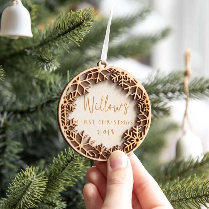 Round Snowflake Detailed First Christmas Bauble #Christmas #personalizedbaubles #baubles #decorhomeideas