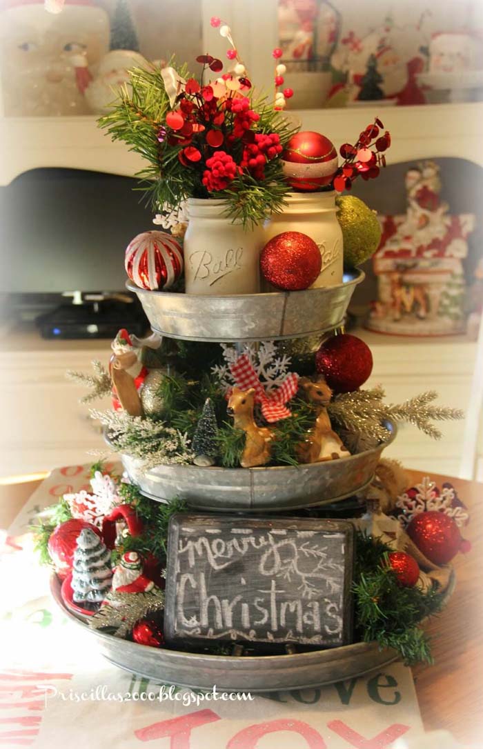 Rustic Galvanized Stand With Mason Jar Vases #Christmas #cakestand #decorhomeideas