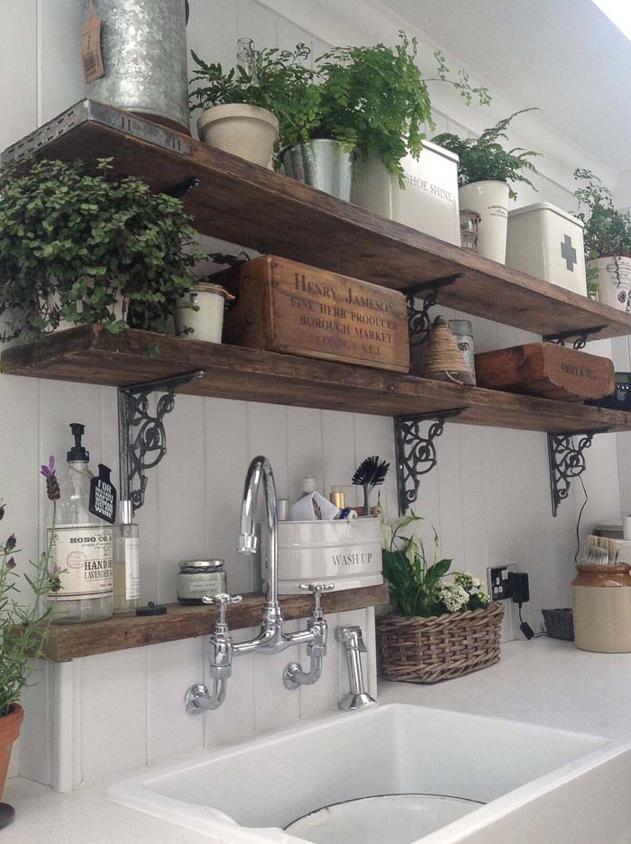 Rustic Wooden Kitchen Shelves with Potted Ferns #frenchcountry #decor #decorhomeideas