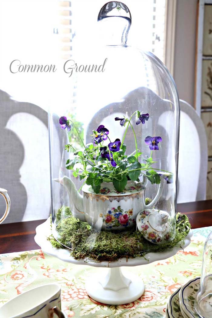 Sweet Teapot Planter Cloche Centerpiece #frenchcountry #decor #decorhomeideas