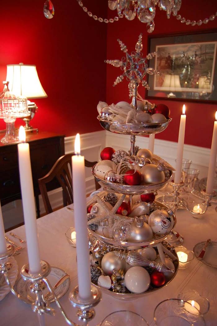 Towering Silver Centerpiece Display With Red Accent Ornaments #Christmas #cakestand #decorhomeideas