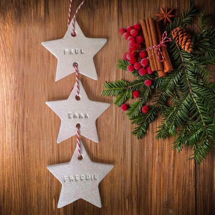 White Clay Stamped Strung Star Baubles #Christmas #personalizedbaubles #baubles #decorhomeideas