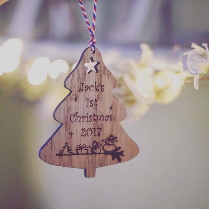 Wooden Christmas Tree First Christmas Bauble #Christmas #personalizedbaubles #baubles #decorhomeideas