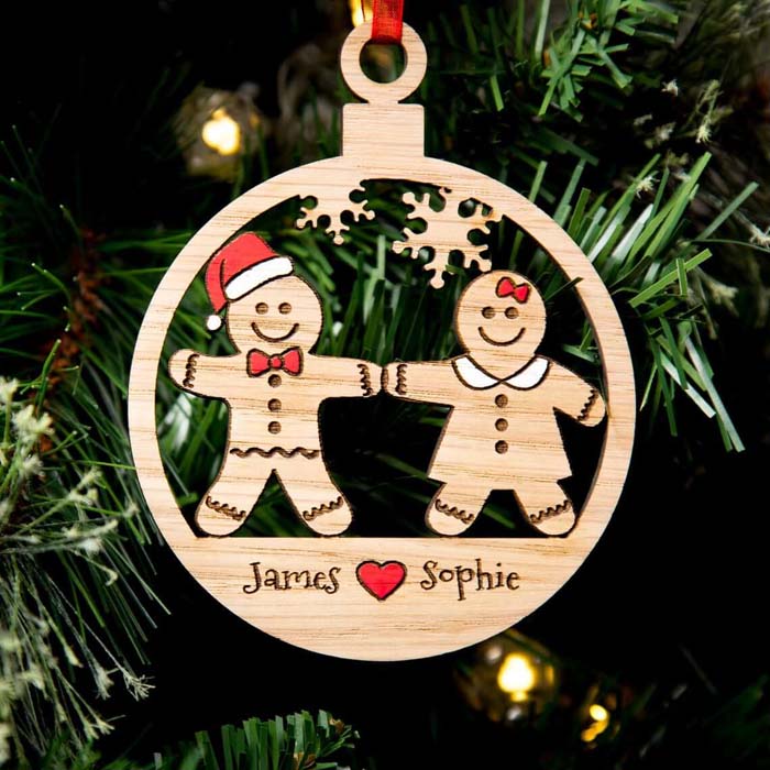 Wooden Gingerbread People Cut Personalized Bauble #Christmas #personalizedbaubles #baubles #decorhomeideas