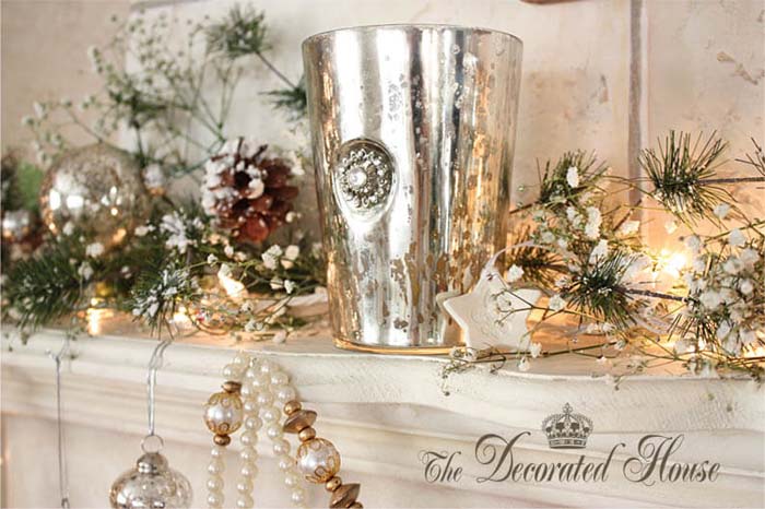 Ethereal Mercury Glass Dusted with Snow #Christmas #mantel #decorhomeideas