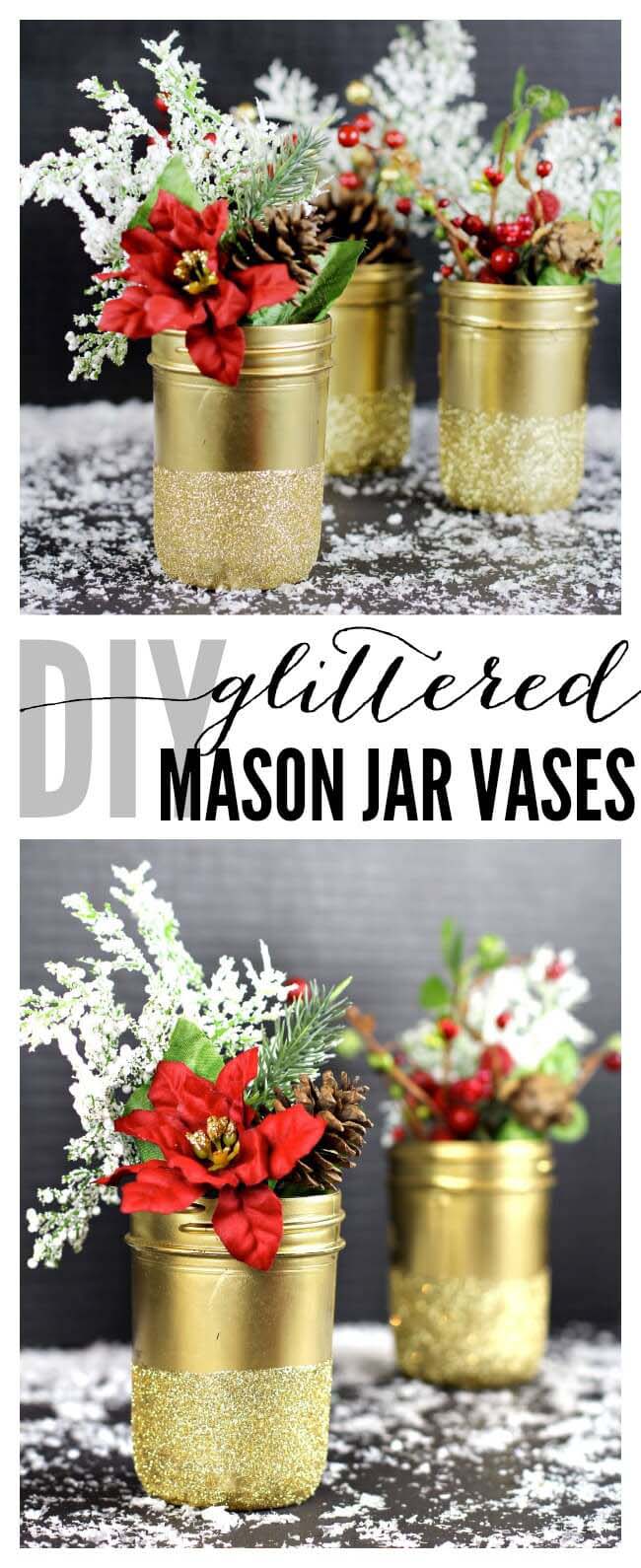 Gold Glittered Mason Jar Vases #Christmas #crafts #decorations #decorhomeideas