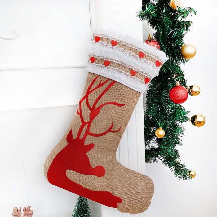 Personalized Burlap Reindeer Stocking with Embroidery #Christmas #reindeer #decorhomeideas