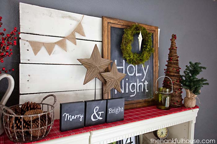 Primitive Tree Made of Twigs and Holly #Christmas #mantel #decorhomeideas