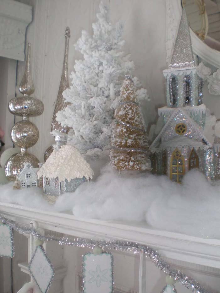 Silver and White Snow Village #Christmas #mantel #decorhomeideas