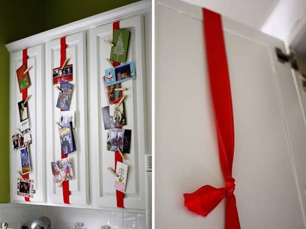 Tie Ribbon To Kitchen Cabinets To Display Your Christmas Cards #Christmas #hanginghacks #decorhomeideas