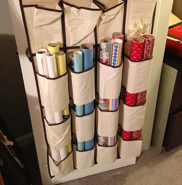 Wrapping Paper Shoe Rack #Christmas #storage #organization #decorhomeideas