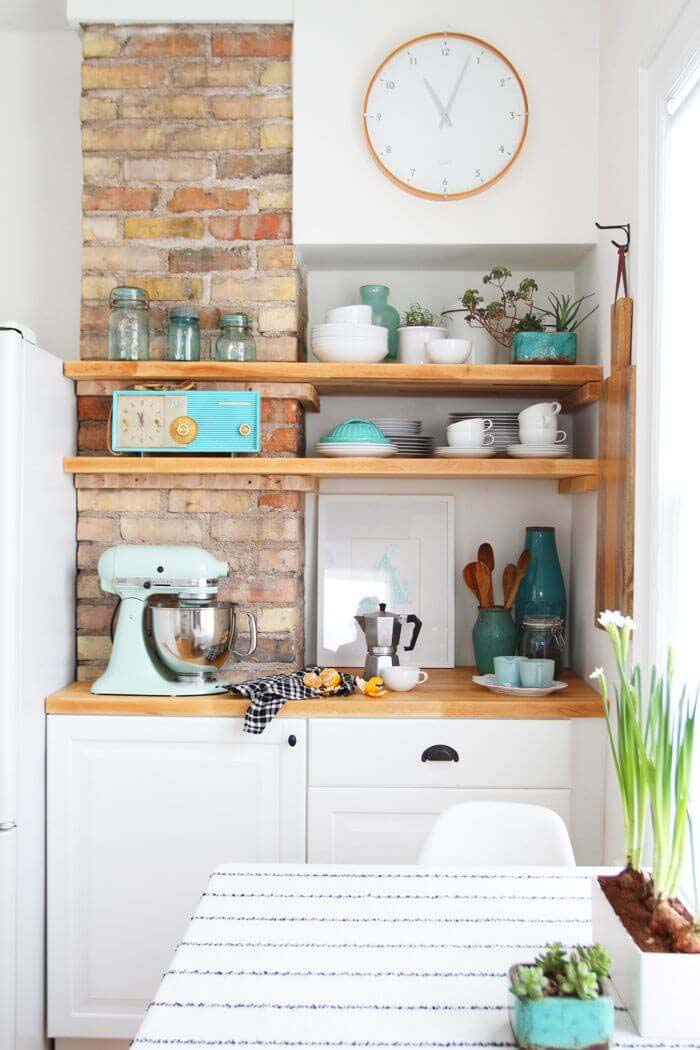 Aqua Accents Exposed Brick Cottage Kitchen #cottage #kitchen #decorhomeideas