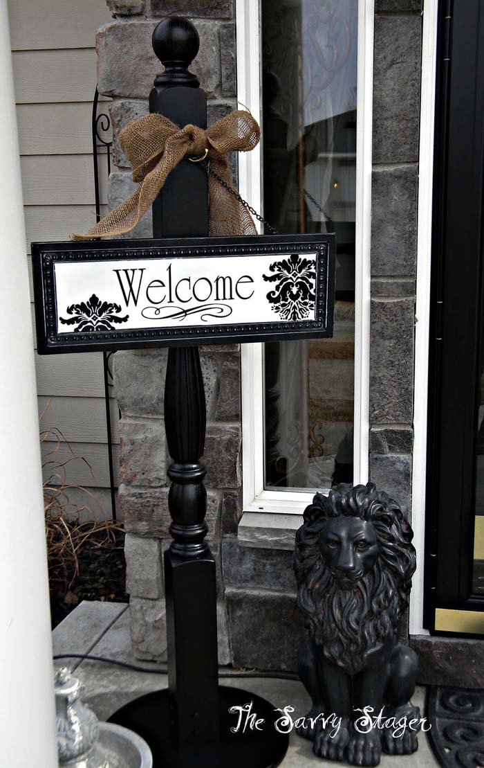 Baroque-Style Wood Post and Hanging Welcome Sign #porch #post #decorhomeideas