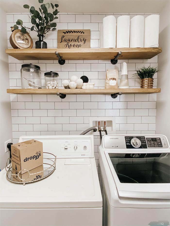 Classic White Subway Tile Laundry Wall #masonjarlights #masonjar #decorhomeideas