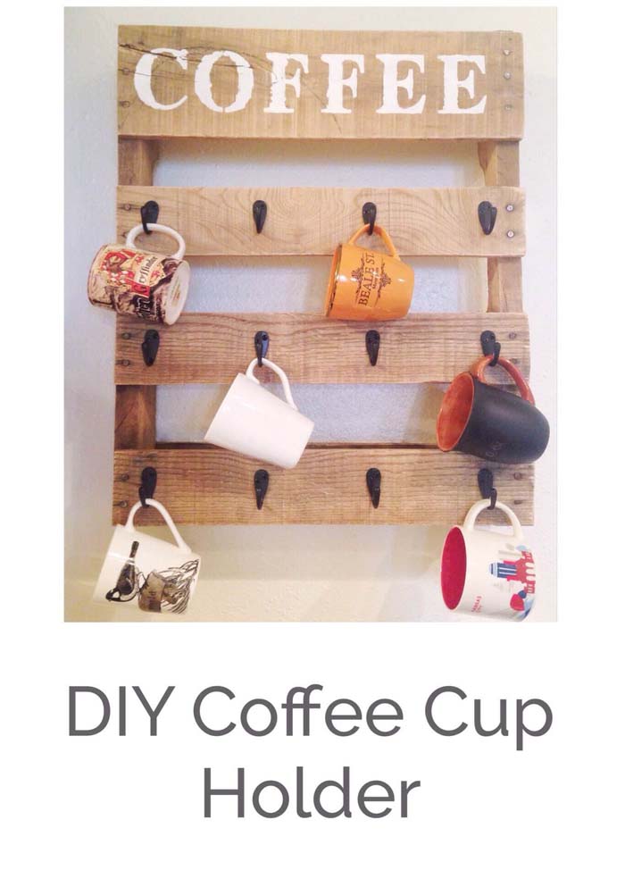 Coffee Cup Holder With Hooks #rustic #storage #organization #decorhomeideas