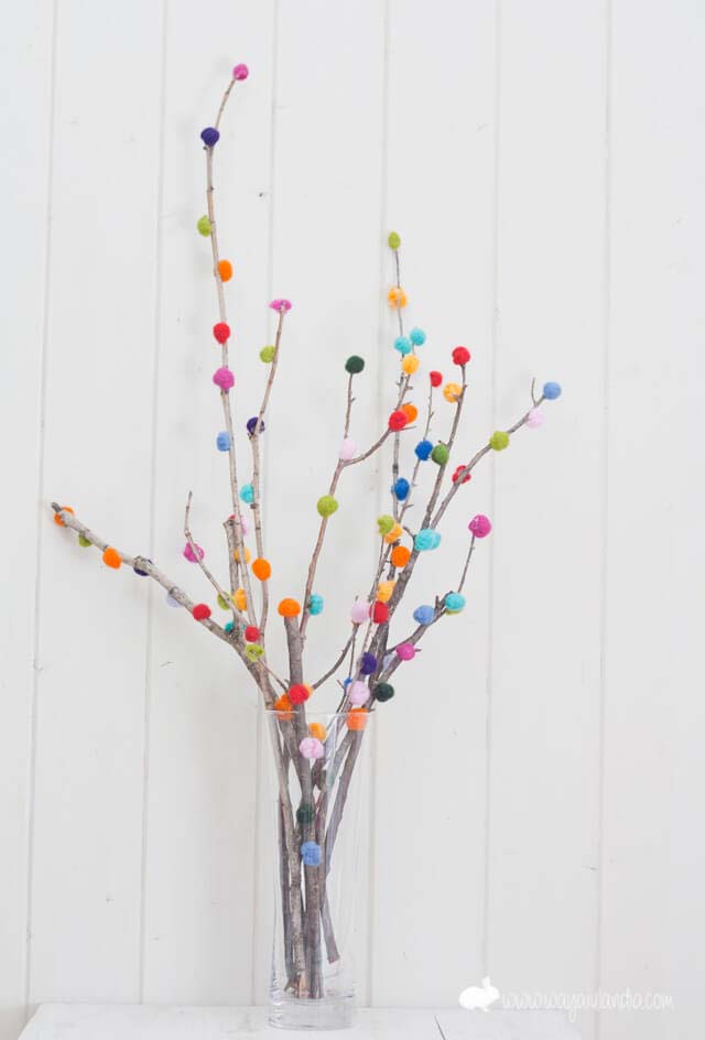 Create a Colorful Display with Pom-Pom Branches #spring #decor #decorhomeideas