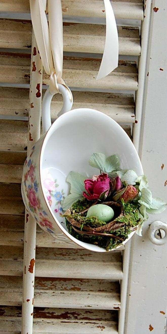 Delicate Teacup Bird’s Nest Display #spring #decor #decorhomeideas