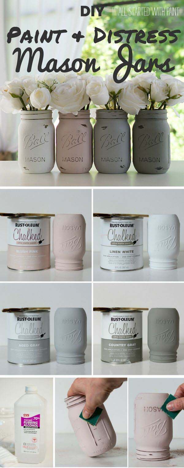 Distressed Neutral Painted Mason Jar Vases #diy #weekendproject #decorhomeideas