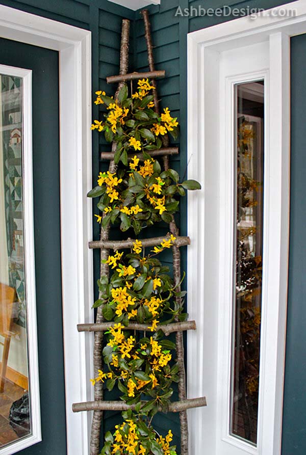 DIY Branch Ladder Flower Display #spring #frontporch #decor #decorhomeideas