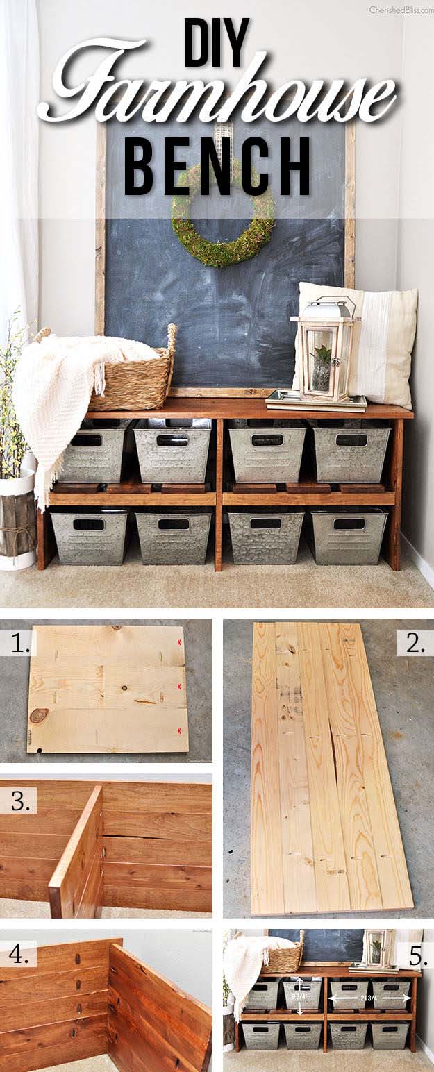 DIY Farmhouse Bench Tutorial #rustic #storage #organization #decorhomeideas