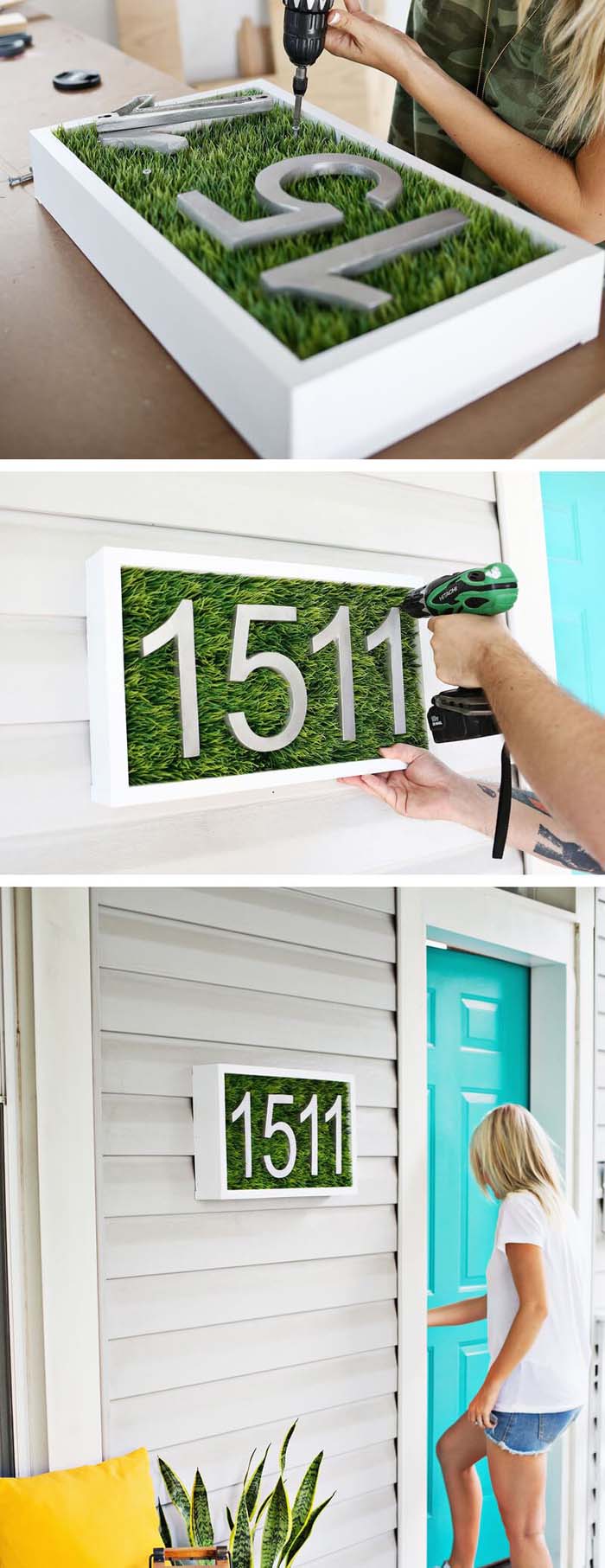 DIY Grass Shadow Box House Number #spring #frontporch #decor #decorhomeideas