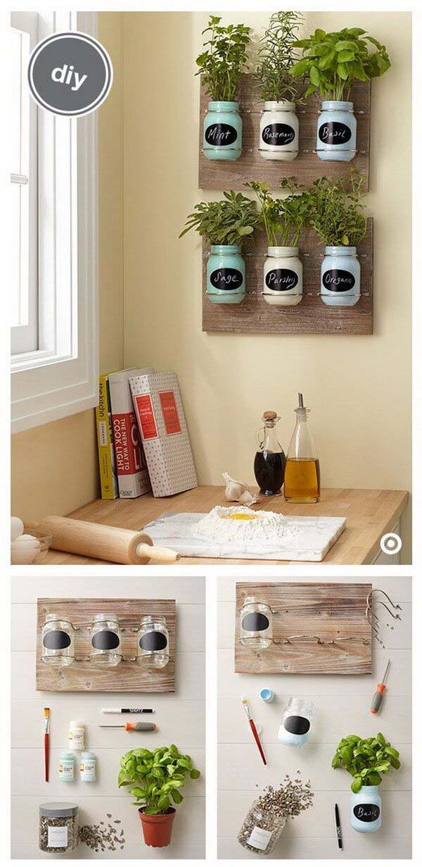 DIY Mason Jar Spice Garden Wall Decor #masonjarlights #masonjar #decorhomeideas