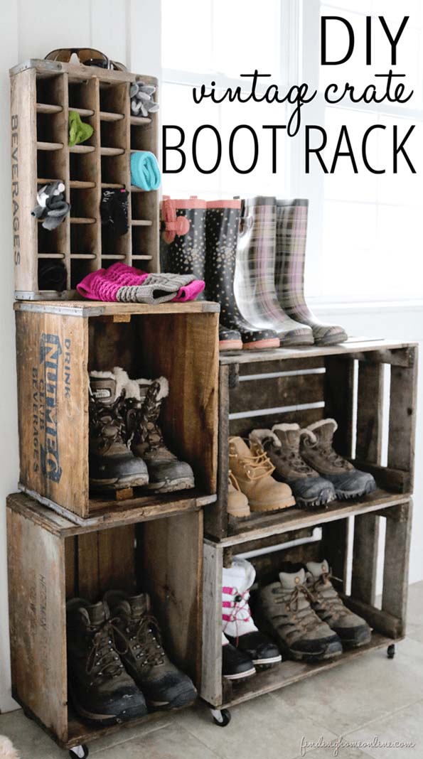 DIY Vintage Crate Boot Rack #rustic #storage #organization #decorhomeideas