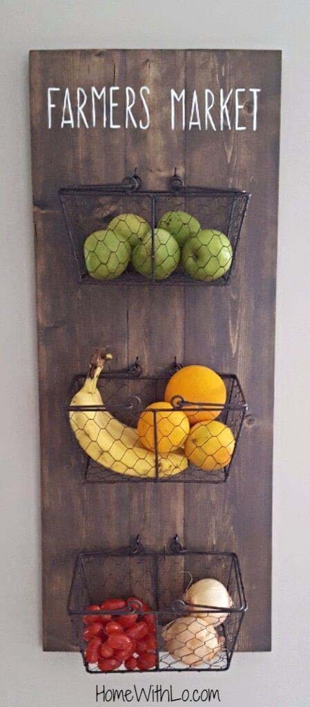 DIY Wall Mounted Produce Baskets #walldecor #kitchen #decorhomeideas