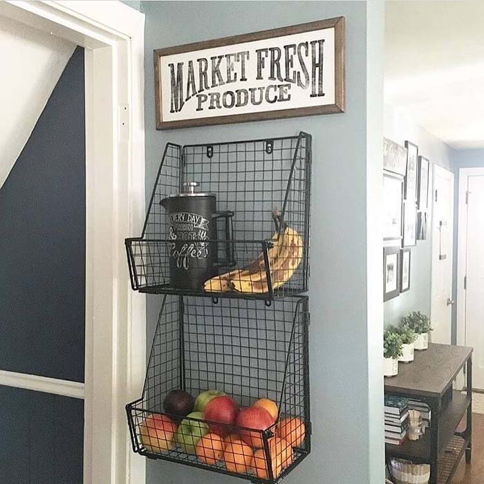 Hanging Produce Baskets With Sign #walldecor #kitchen #decorhomeideas