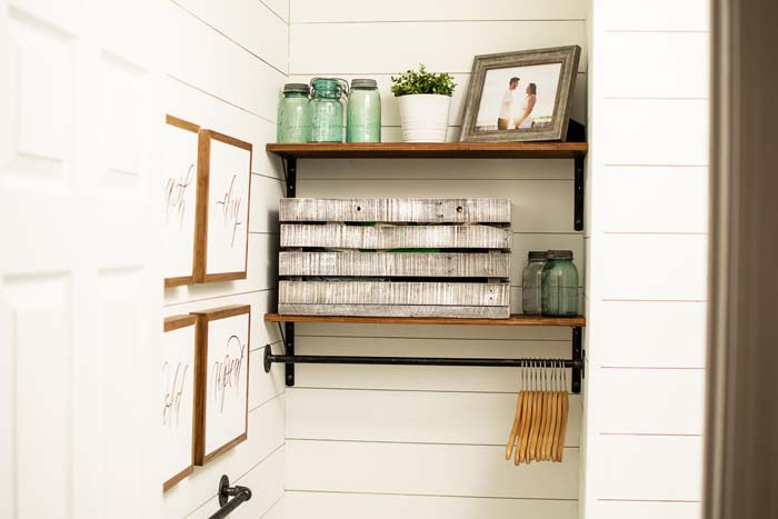 Industrial Pipe and Wood Utility Shelf #masonjarlights #masonjar #decorhomeideas