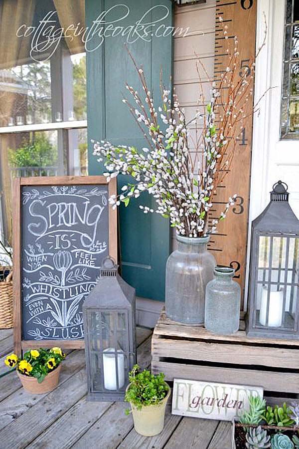 Lanterns, Chalkboard, and Antique Glass Porchscape #spring #frontporch #decor #decorhomeideas
