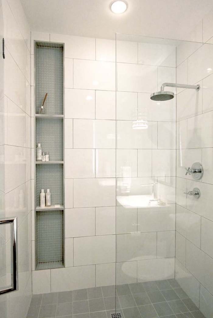 Modern Rodeo Glass Paneled Tile Shelves #showertiles #tiles #decorhomeideas